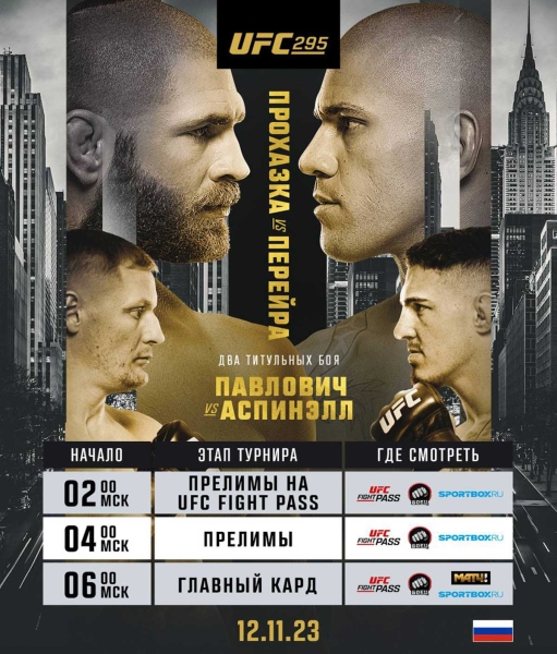 Прямой эфир UFC 295: смотреть онлайн Павлович – Аспиналл, Прохазка – Перейра